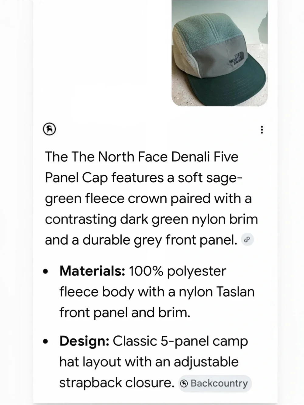 The North Face Denali Five Panel Camp Cap Sage Green Fleece Hat Unisex One Size